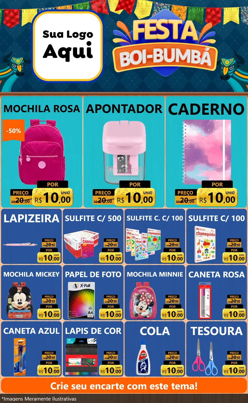 Modelo de Encarte para Encarte Grande com o tema Festa Boi Bumbá para Papelaria