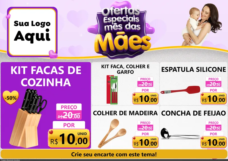 Modelo de Encarte para Encarte A4 Horizontal com o tema Ofertas Especiais - Mês das Mães para Utilidades Domésticas