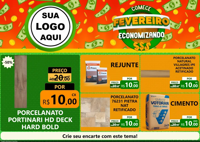 Modelo de Encarte para Encarte A4 Horizontal com o tema Comece Fevereiro Economizando para Pisos e revestimentos