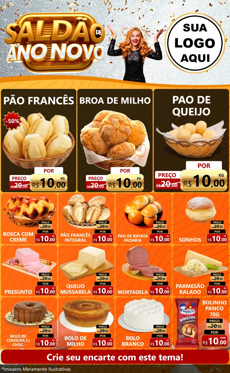 Modelo de Encarte para Encarte Grande com o tema Saldão de Ano Novo para Padaria
