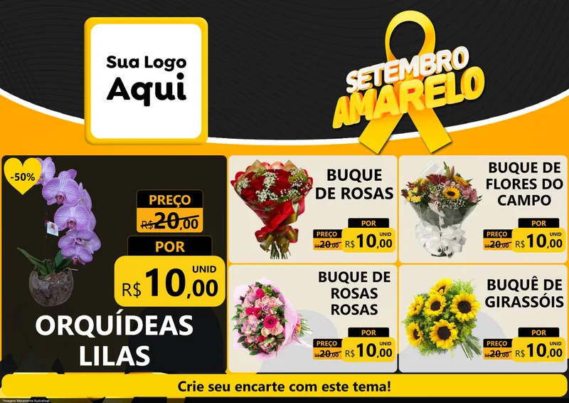 Modelo de Encarte para Encarte A4 Horizontal com o tema Setembro Amarelo para Floricultura e jardim