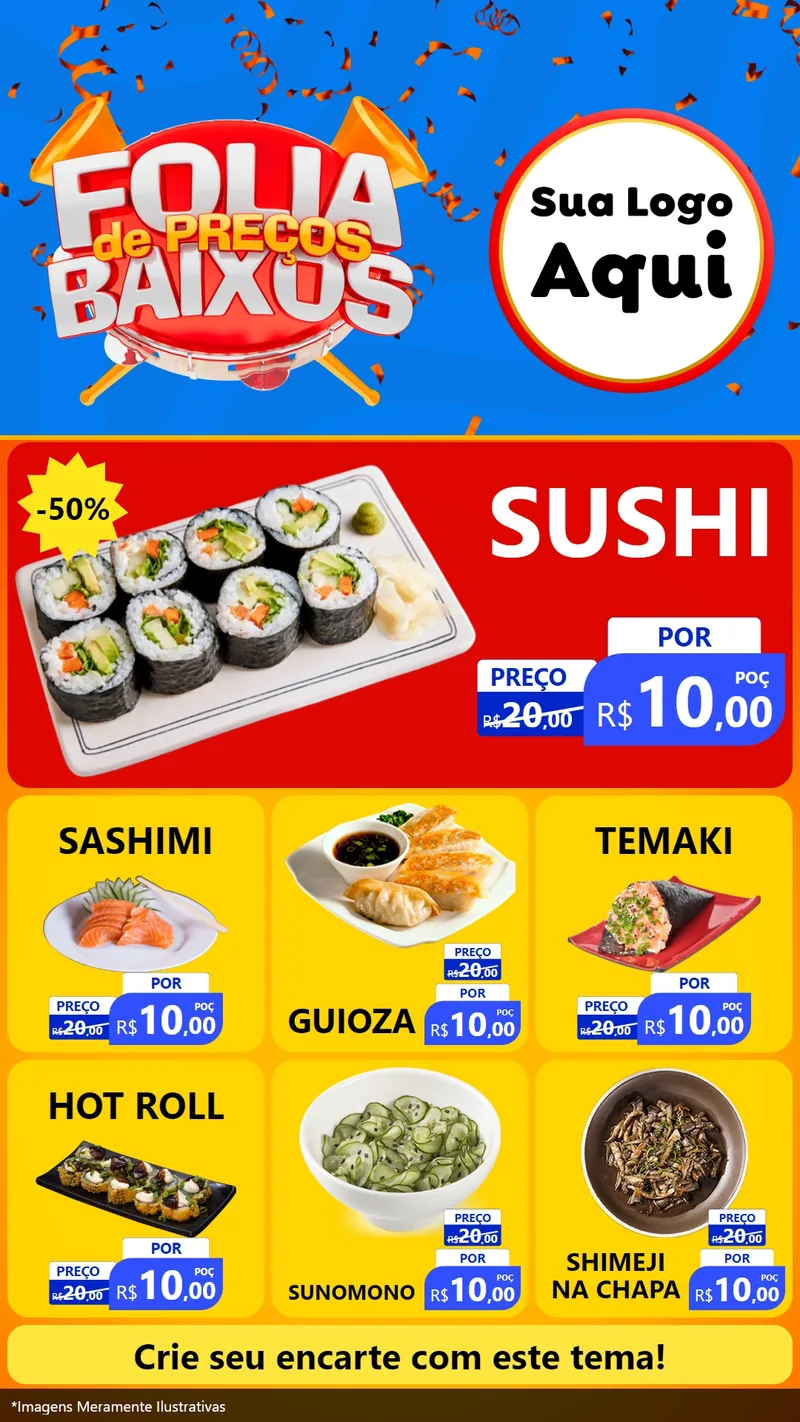 Modelo de Rede Social para Stories com o tema Folia de Preços Baixos para Comida japonesa