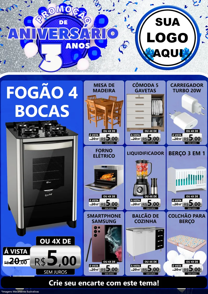 Modelo de Encarte para Encarte A4 Vertical com o tema Promoção de Aniversário - 3 Anos para Móveis e Eletro