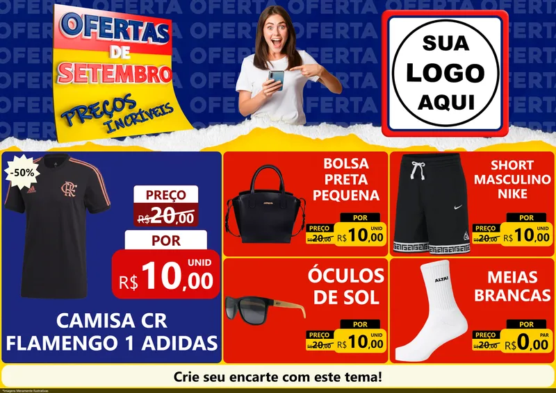Modelo de Encarte para Encarte A4 Horizontal com o tema Ofertas de Setembro - Preços Incríveis para Roupas e acessórios