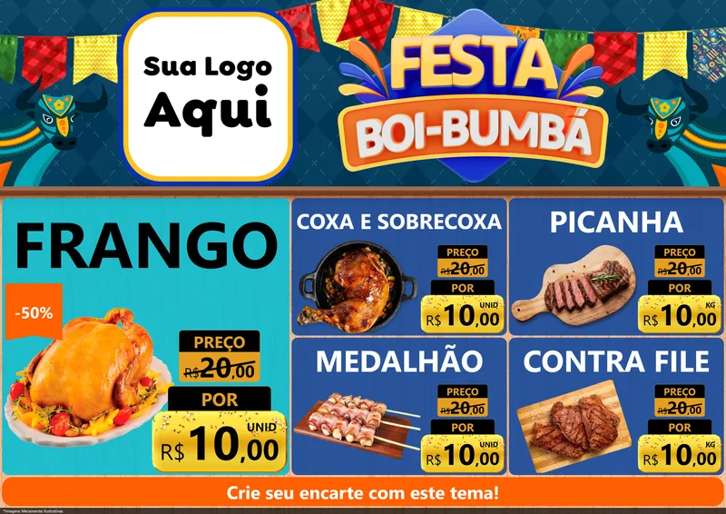 Modelo de Encarte para Encarte A4 Horizontal com o tema Festa Boi Bumbá para Assados