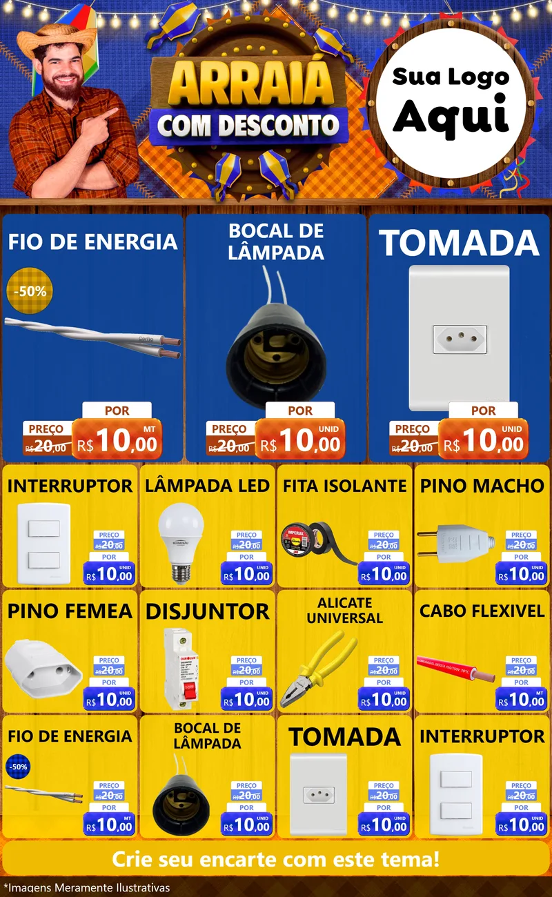 Modelo de Encarte para Encarte Grande com o tema Arraiá Com Desconto para Materiais Elétricos