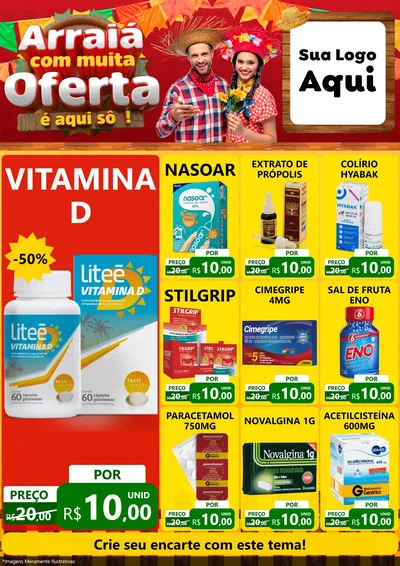 Modelo de Encarte para Encarte A4 Vertical com o tema Arraiá Com Muita Oferta - É Aqui Sô! para Farmácia