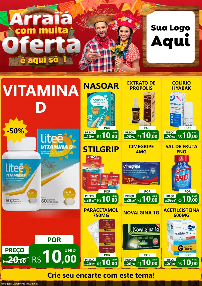 Modelo de Encarte para Encarte A4 Vertical com o tema Arraiá Com Muita Oferta - É Aqui Sô! para Farmácia