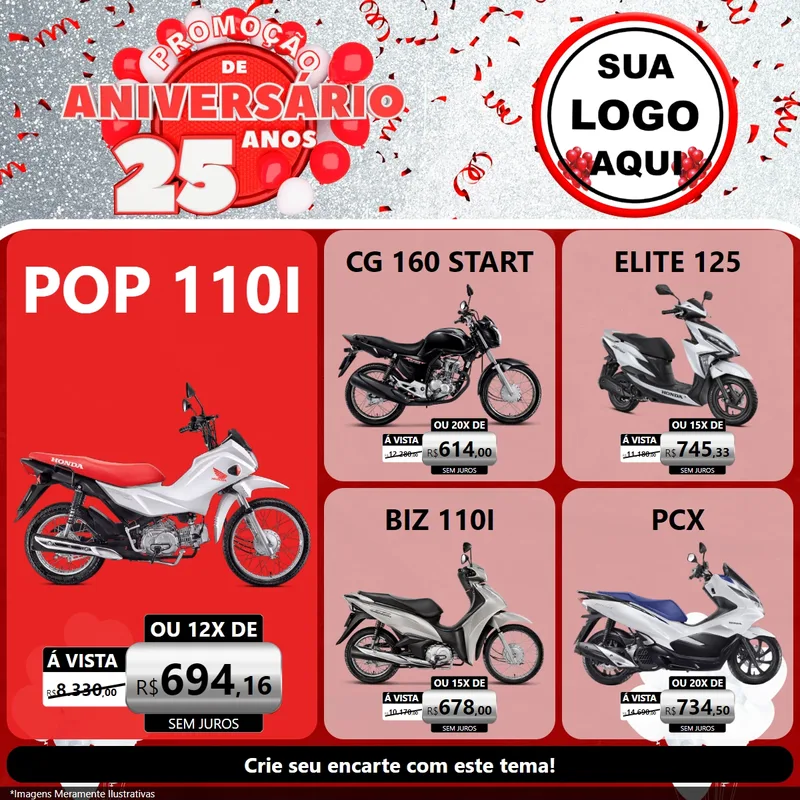 Modelo de Rede Social para Feed Facebook com o tema Promoção de Aniversário - 25Anos para Concessionaria de Motos