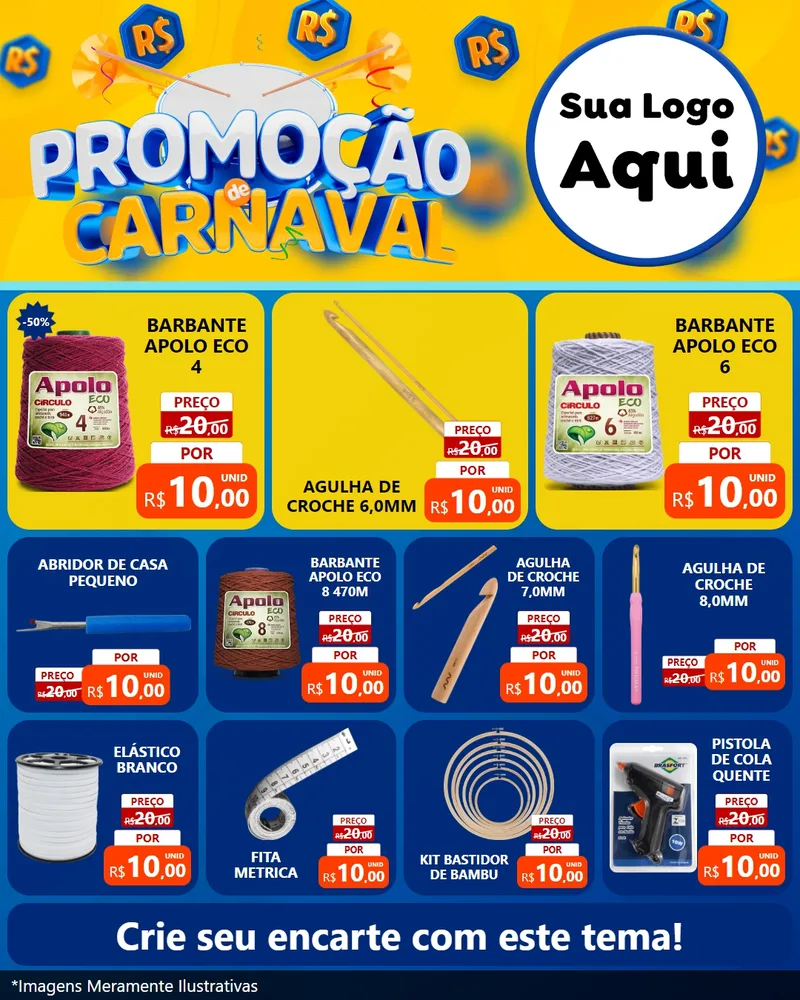 Modelo de Rede Social para Feed Instagram com o tema Promoção de Carnaval para Armarinho e Aviamentos