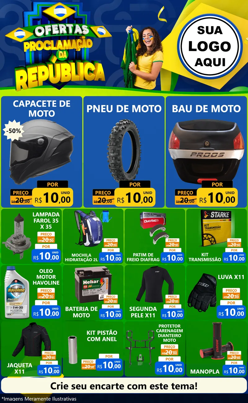 Modelo de Encarte para Encarte Grande com o tema Ofertas Proclamação da República para Moto peças