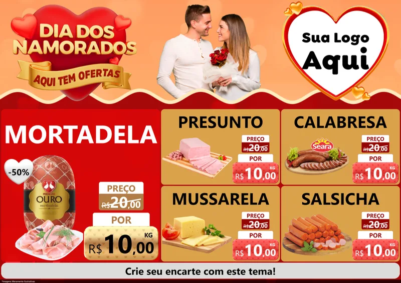 Modelo de Encarte para Encarte A4 Horizontal com o tema Dia dos Namorados - Aqui Tem Ofertas para Frios e Laticínios