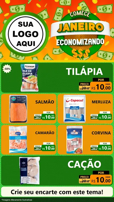 Modelo de TV para TV Vertical com o tema Comece Janeiro Economizando para Peixaria