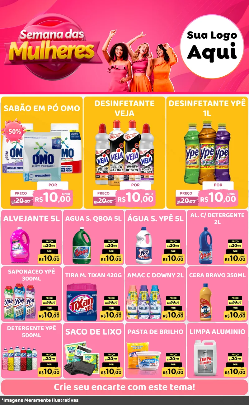 Modelo de Encarte para Encarte Grande com o tema Semana das Mulheres para Produtos de Limpeza