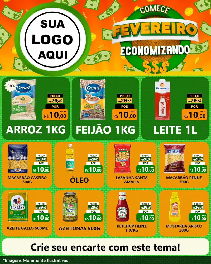 Modelo de Rede Social para Feed Instagram com o tema Comece Fevereiro Economizando para Supermercado