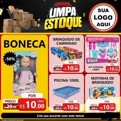 Modelo de Rede Social para Feed Facebook com o tema Operação Limpa Estoque para Brinquedos