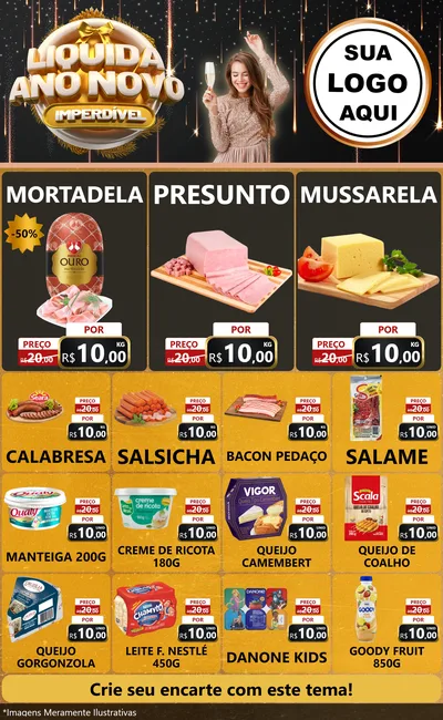 Modelo de Encarte para Encarte Grande com o tema Liquida Ano Novo Imperdível para Frios e Laticínios