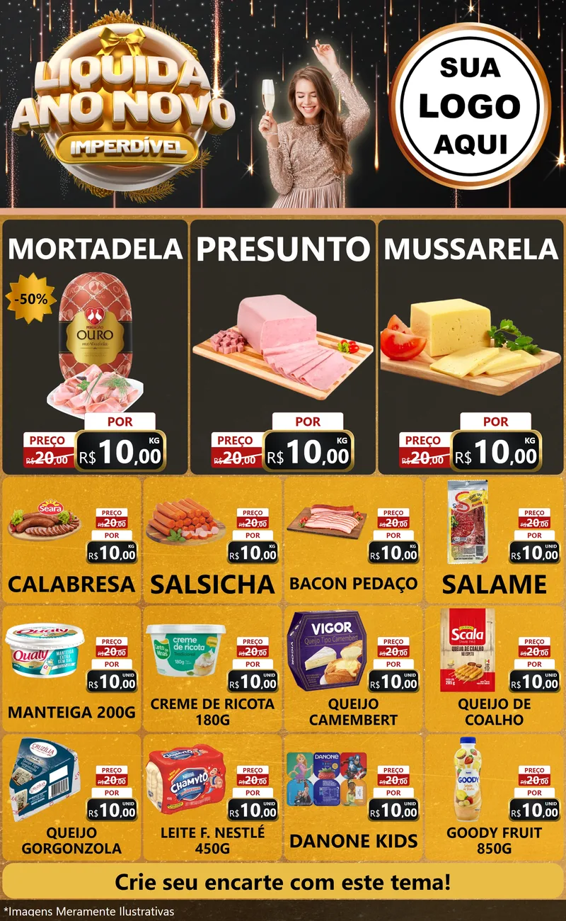 Modelo de Encarte para Encarte Grande com o tema Liquida Ano Novo Imperdível para Frios e Laticínios