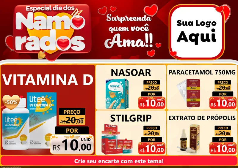 Modelo de Encarte para Encarte A4 Horizontal com o tema Especial Dia dos Namorados para Farmácia