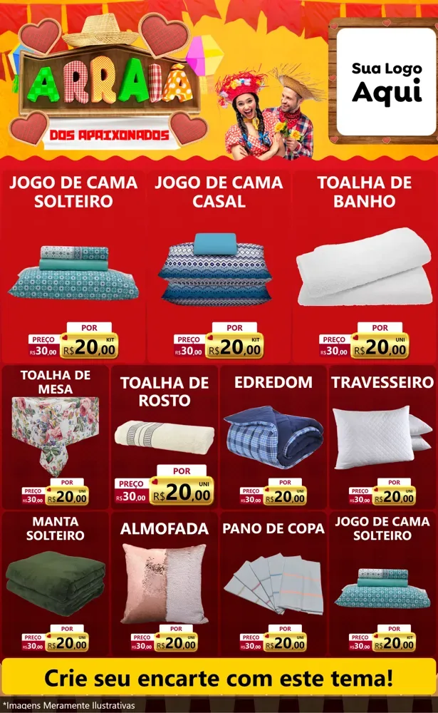 Modelo de Encarte para Encarte Grande com o tema Arraiá Dos Apaixonados - Junina para Cama, Mesa e Banho