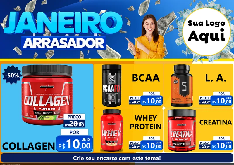 Modelo de Encarte para Encarte A4 Horizontal com o tema Janeiro Arrasador para Suplementos alimentares