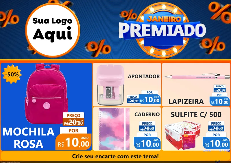 Modelo de Encarte para Encarte A4 Horizontal com o tema Janeiro Premiado para Papelaria