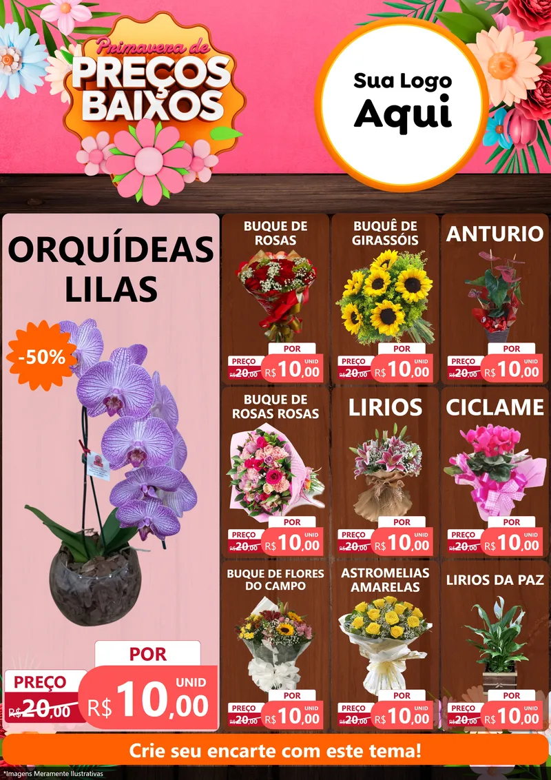 Modelo de Encarte para Encarte A4 Vertical com o tema Primavera de Preços Baixos para Floricultura e jardim