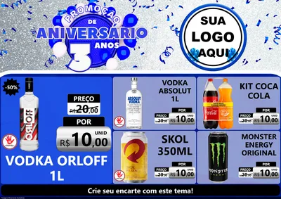 Modelo de Encarte para Encarte A4 Horizontal com o tema Promoção de Aniversário - 3 Anos para Distribuidora de bebidas
