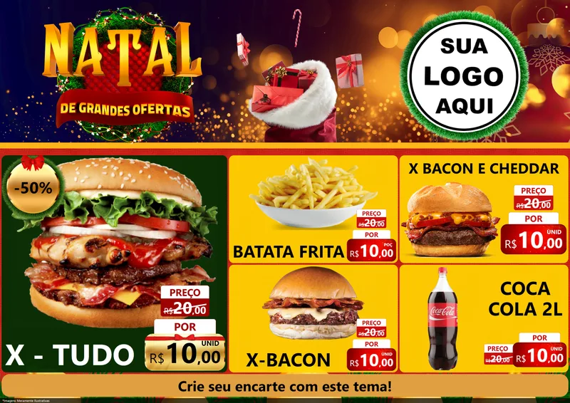 Modelo de Encarte para Encarte A4 Horizontal com o tema Natal de Grandes Ofertas para Hamburgueria