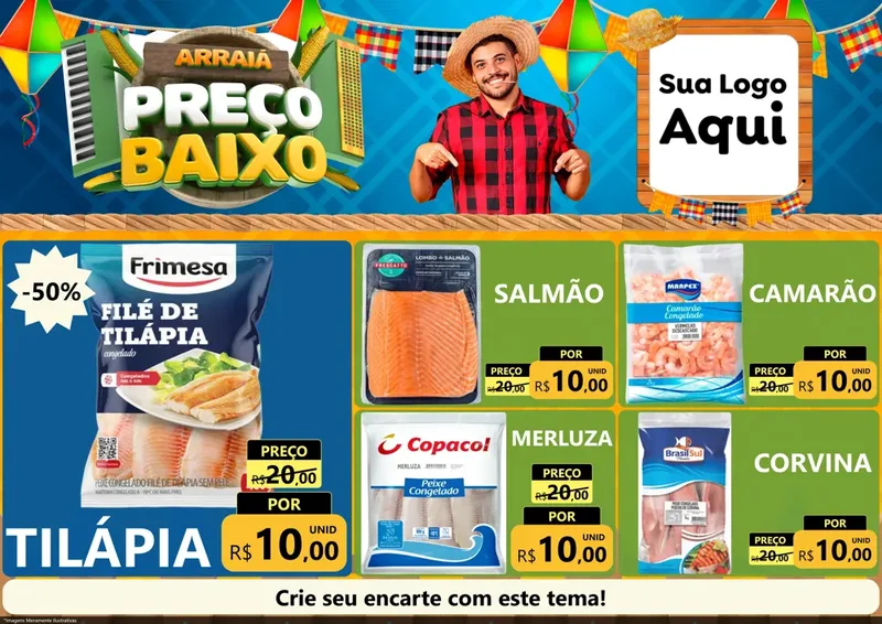 Modelo de Encarte para Encarte A4 Horizontal com o tema Arraiá de Preço Baixo - Junina para Peixaria