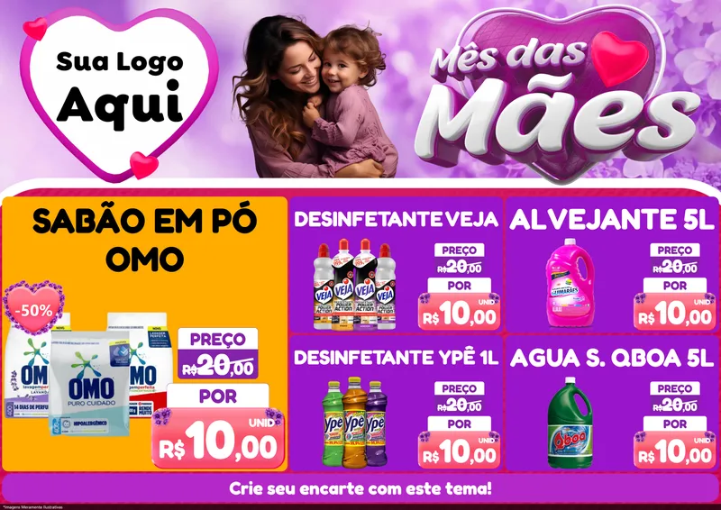 Modelo de Encarte para Encarte A4 Horizontal com o tema Mês das Mães para Produtos de Limpeza