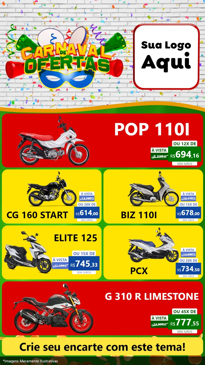 Modelo de TV para TV Vertical com o tema Carnaval de Ofertas para Concessionaria de Motos