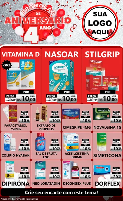 Modelo de Encarte para Encarte Grande com o tema Promoção de Aniversário - 4 Anos para Farmácia