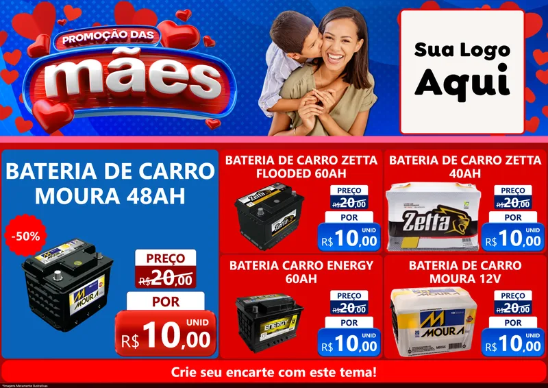 Modelo de Encarte para Encarte A4 Horizontal com o tema Promoção das Mães para Baterias Elétricas