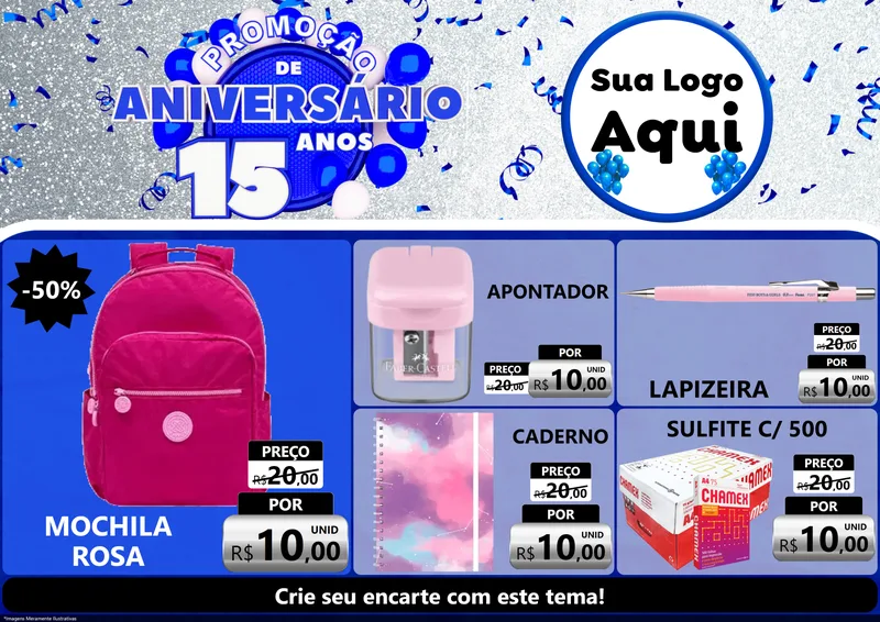 Modelo de Encarte para Encarte A4 Horizontal com o tema Promoção de Aniversário - 15 Anos para Papelaria