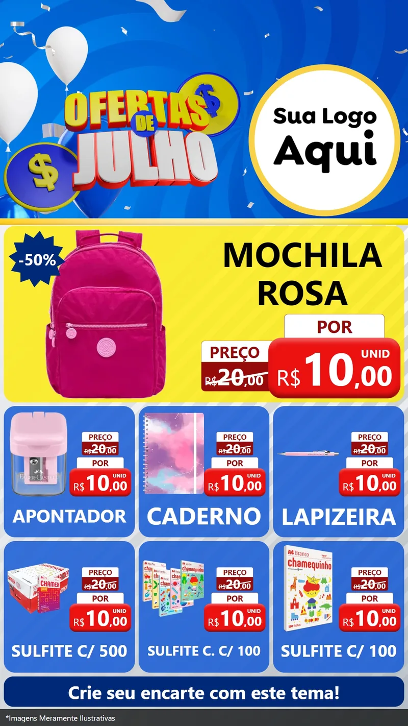 Modelo de Rede Social para Stories com o tema Ofertas de Julho para Papelaria