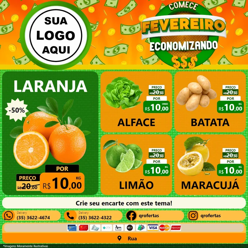 Modelo de Rede Social para Feed Facebook com o tema Comece Fevereiro Economizando para Hortifrúti