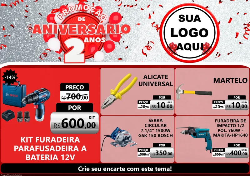 Modelo de Encarte para Encarte A4 Horizontal com o tema Promoção de Aniversário - 2 Anos para Maquinas e Ferramentas