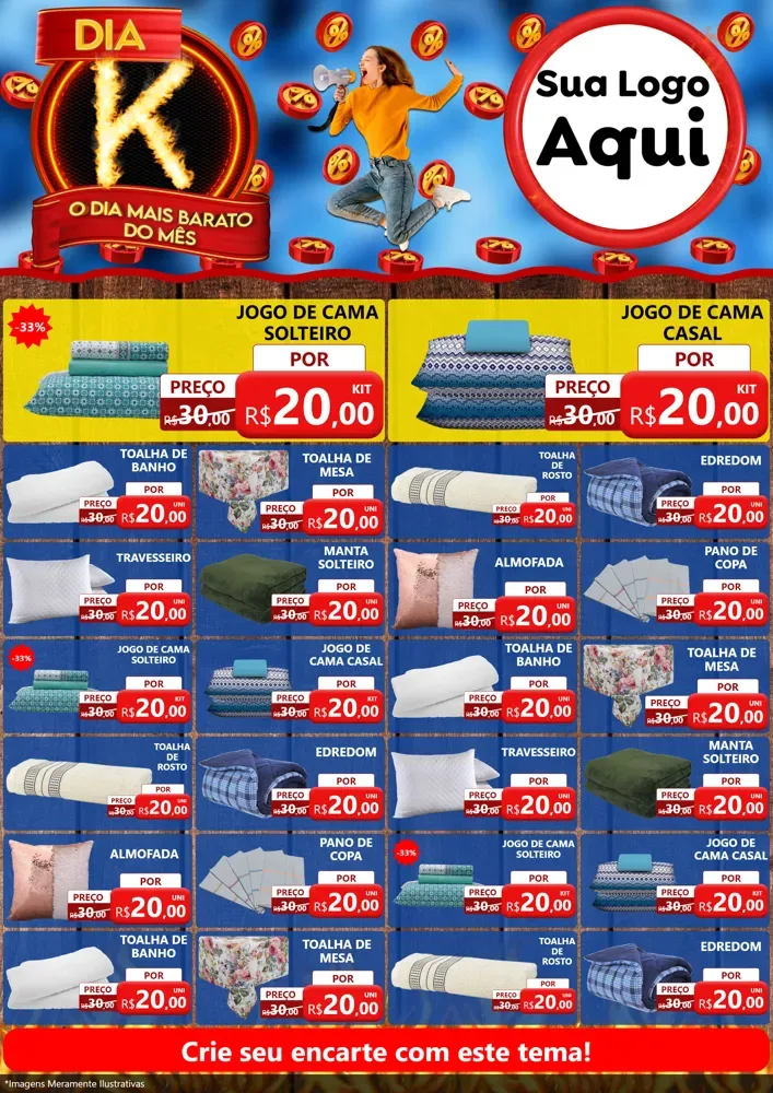 Modelo de Encarte para Encarte A4 Vertical com o tema Dia K - O Dia Mais Barato Do Mês para Cama, Mesa e Banho