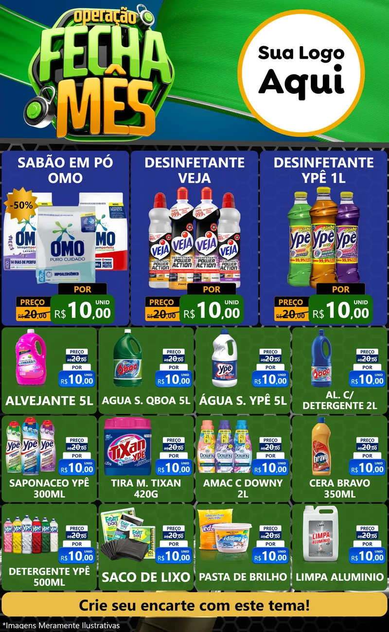 Modelo de Encarte para Encarte Grande com o tema Operação Fecha Mês para Produtos de Limpeza