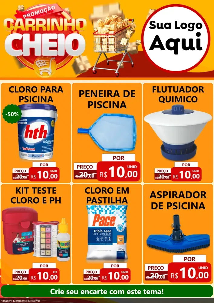 Modelo de Encarte para Encarte A4 Vertical com o tema Promoção carrinho cheio para Produtos para Piscina