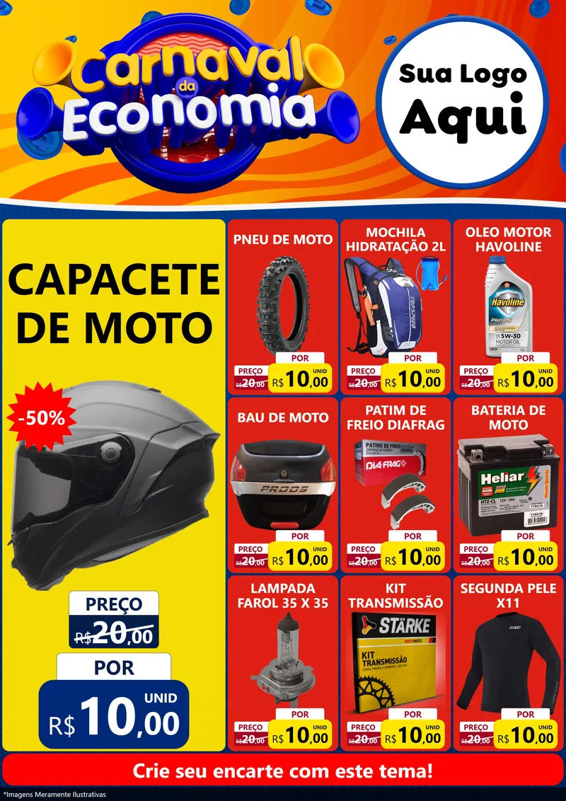 Modelo de Encarte para Encarte A4 Vertical com o tema Carnaval da Economia para Moto peças
