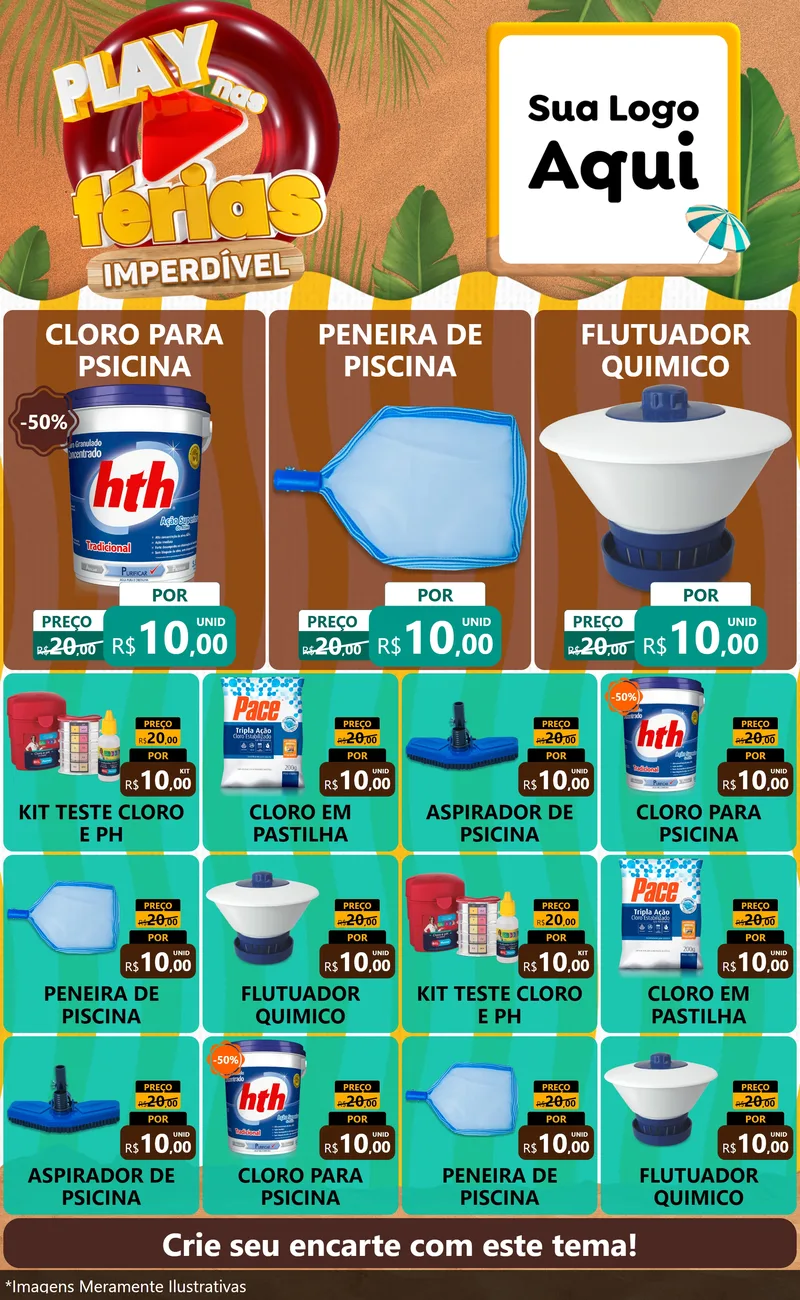 Modelo de Encarte para Encarte Grande com o tema Play Nas Férias Imperdível para Produtos para Piscina