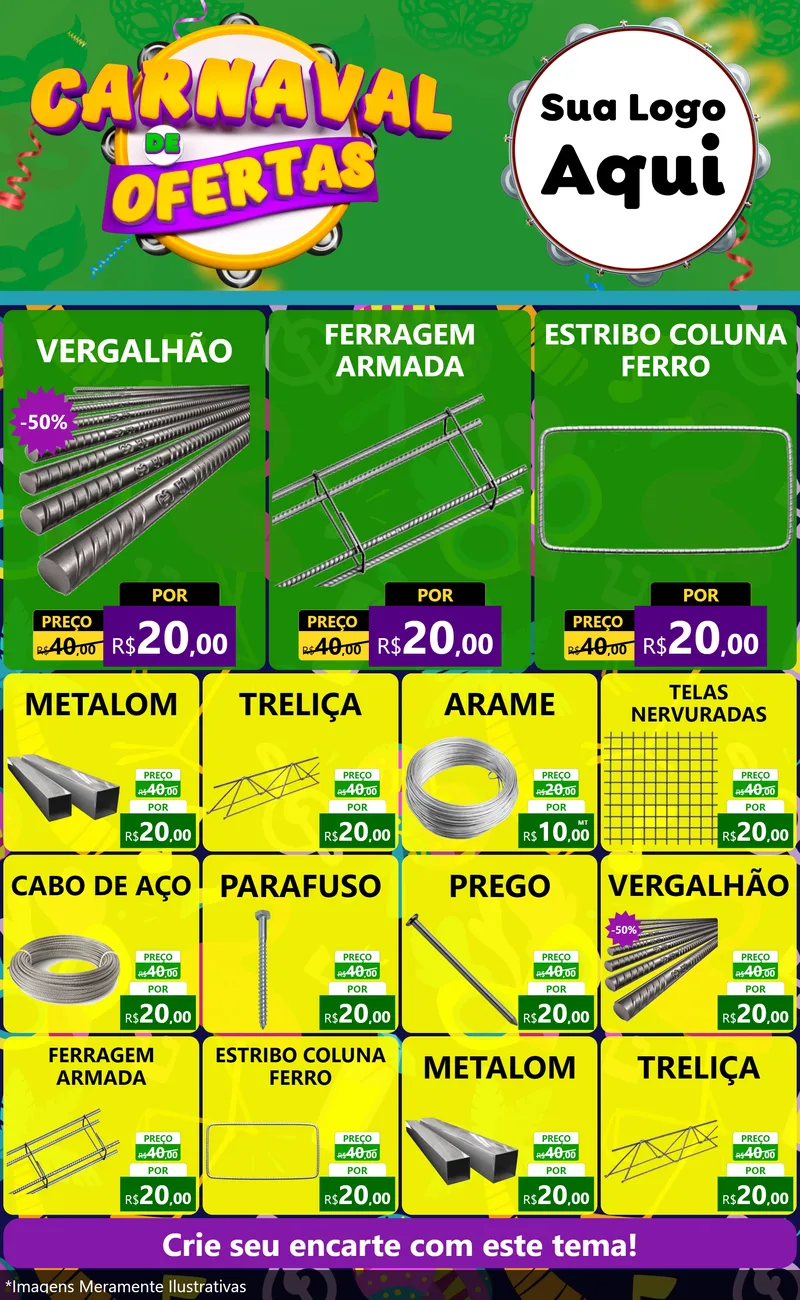 Modelo de Encarte para Encarte Grande com o tema Carnaval de Ofertas para Ferragens