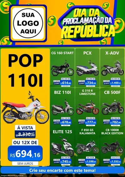 Modelo de Encarte para Encarte A4 Vertical com o tema Dia Da Proclamação da República para Concessionaria de Motos