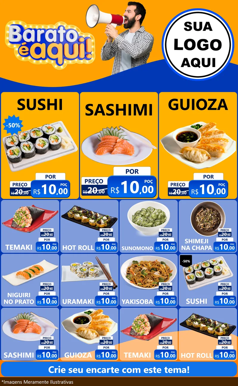 Modelo de Encarte para Encarte Grande com o tema Barato é aqui para Comida japonesa