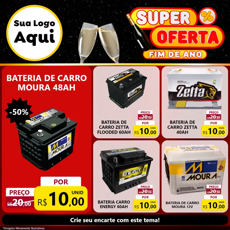 Modelo de Rede Social para Feed Facebook com o tema Super Oferta Fim de Ano para Baterias Elétricas