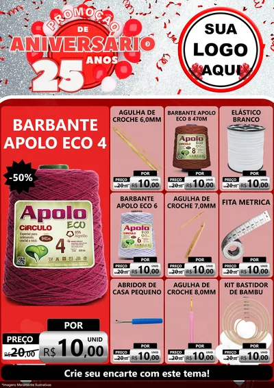 Modelo de Encarte para Encarte A4 Vertical com o tema Promoção de Aniversário - 25Anos para Armarinho e Aviamentos