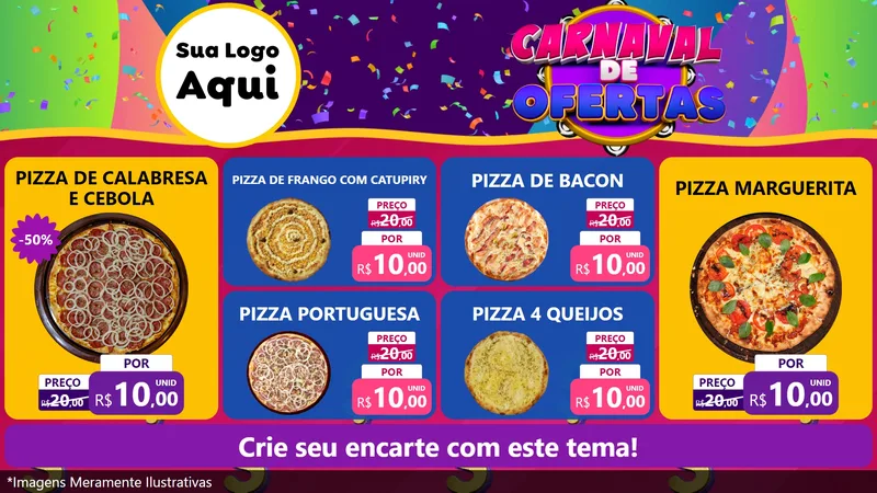 Modelo de TV para TV Horizontal com o tema Carnaval de Ofertas para Pizzaria