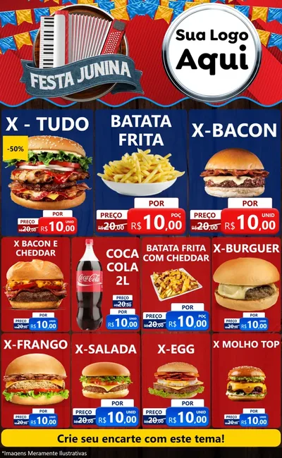 Modelo de Encarte para Encarte Grande com o tema Festa Junina para Hamburgueria